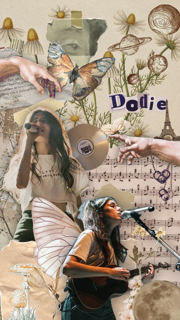 a collage of various images including a woman with a butterfly on her shoulder and music notes in the background