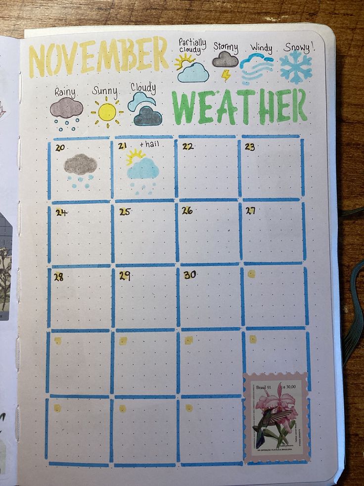 a calendar with stickers on it sitting on top of a table