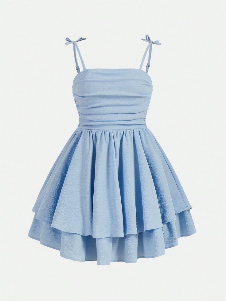 Teen Girl's Woven Solid Color Bubble Ruched Double Layer Skirt Hem Casual Suspenders Dress Baby Blue Casual  Sleeveless Woven Fabric Plain Cami Non-Stretch  Teen Girls Clothing, size features are:Bust: ,Length: ,Sleeve Length: Picture Day Dresses School, Cute Teen Formal Dresses, Damas Blue Dresses, Small Blue Dresses, Prom Dresses For 6th Graders, Northern Lights Theme Dress, Grade Six Graduation Dress, School Dance Dresses 5th Grade, Light Blue Fancy Dress Short