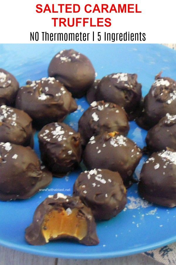 salted caramel truffles on a blue plate