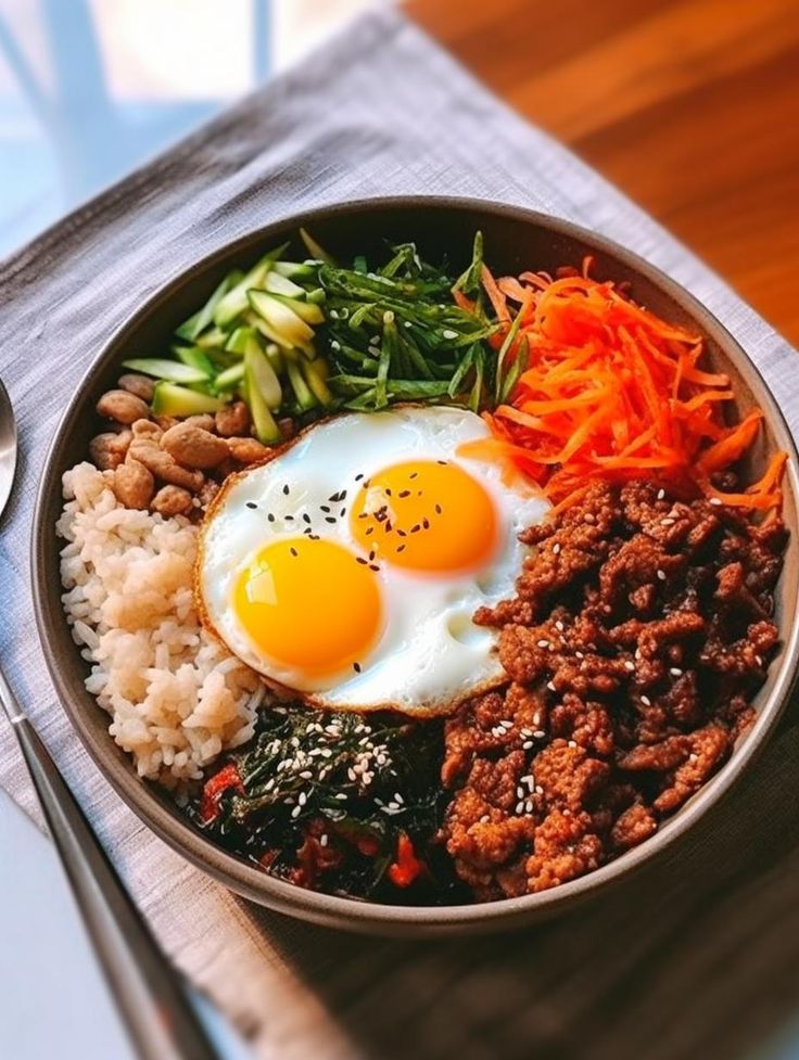 a bowl filled with rice, meat and eggs