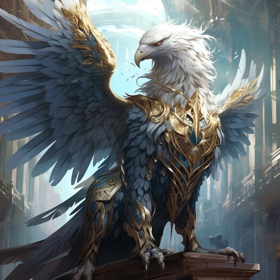 an eagle is standing on top of a ledge with its wings spread out and it's eyes open