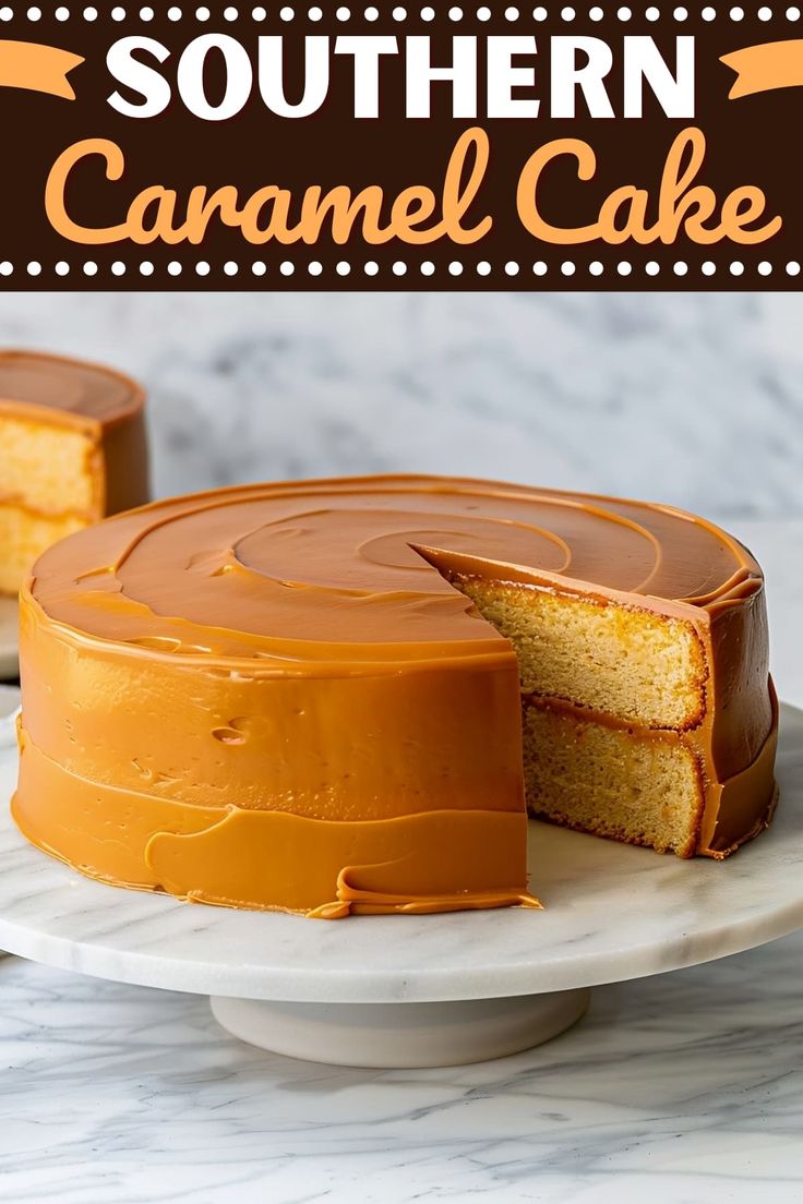 there is a cake that has been cut in half on a plate with the words southern caramel cake above it