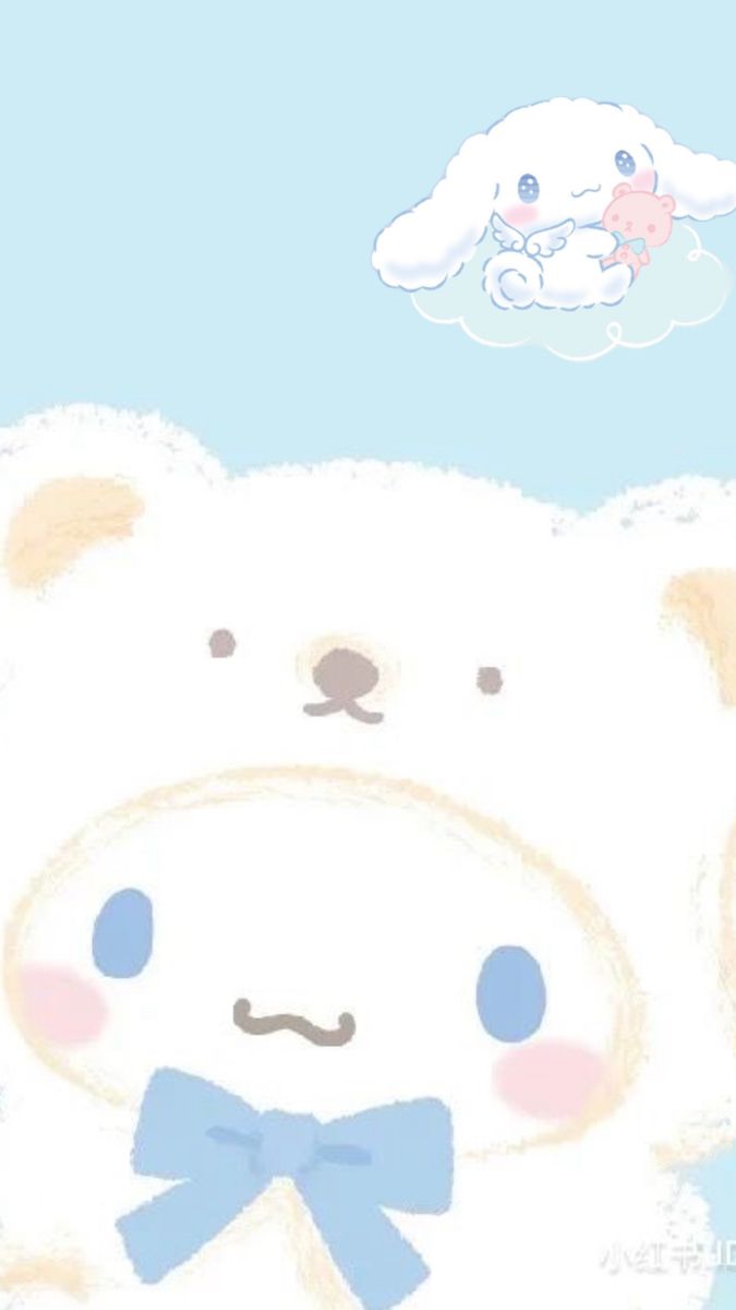 a drawing of a white teddy bear with a blue bow tie and clouds in the background