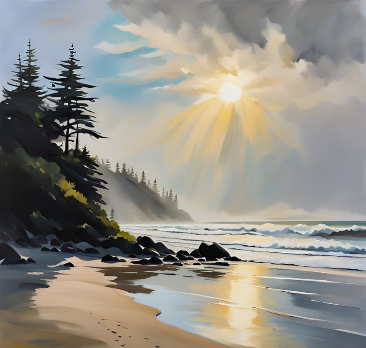 a painting of the sun shining through clouds over a beach with pine trees and rocks