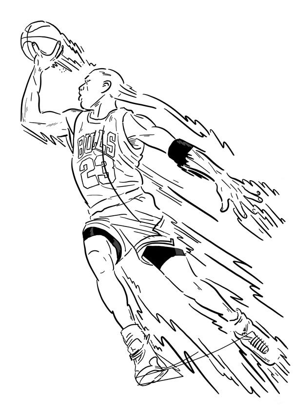 a drawing of a basketball player going to dunk the ball in black and white