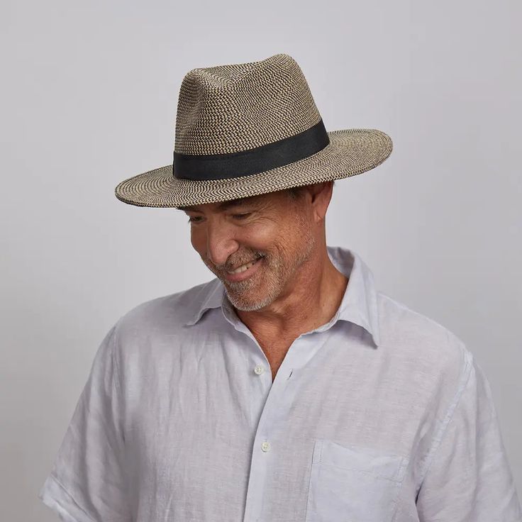 Nero | Mens Two-Tone Woven Straw Fedora Hat offers a stylish edge with its lightweight straw paper braid and safari-inspired design. With a 2 3/4" brim and a sleek ribbon band, this hat is perfect for men seeking a refined look and sun protection. Material: Lightweight Soft Straw Paper Braid Shape: Safari Trim: 1" Grosgrain Ribbon Band Brim Size: 2 3/4" Crown Height: 4" Sweatband: AHM Velcro Imported Black Curved Brim Straw Hat For Outdoor, Black Wide Brim Toquilla Straw Hat, Black Straw Hat With Curved Brim For Outdoor, Black Brimmed Toquilla Straw Hat, Black Toquilla Straw Hat With Curved Brim, Black Flat Brim Toquilla Straw Hat, Black Toquilla Straw Hat With Flat Brim, Black Toquilla Straw Sun Hat With Short Brim, Adjustable Black Straw Fedora