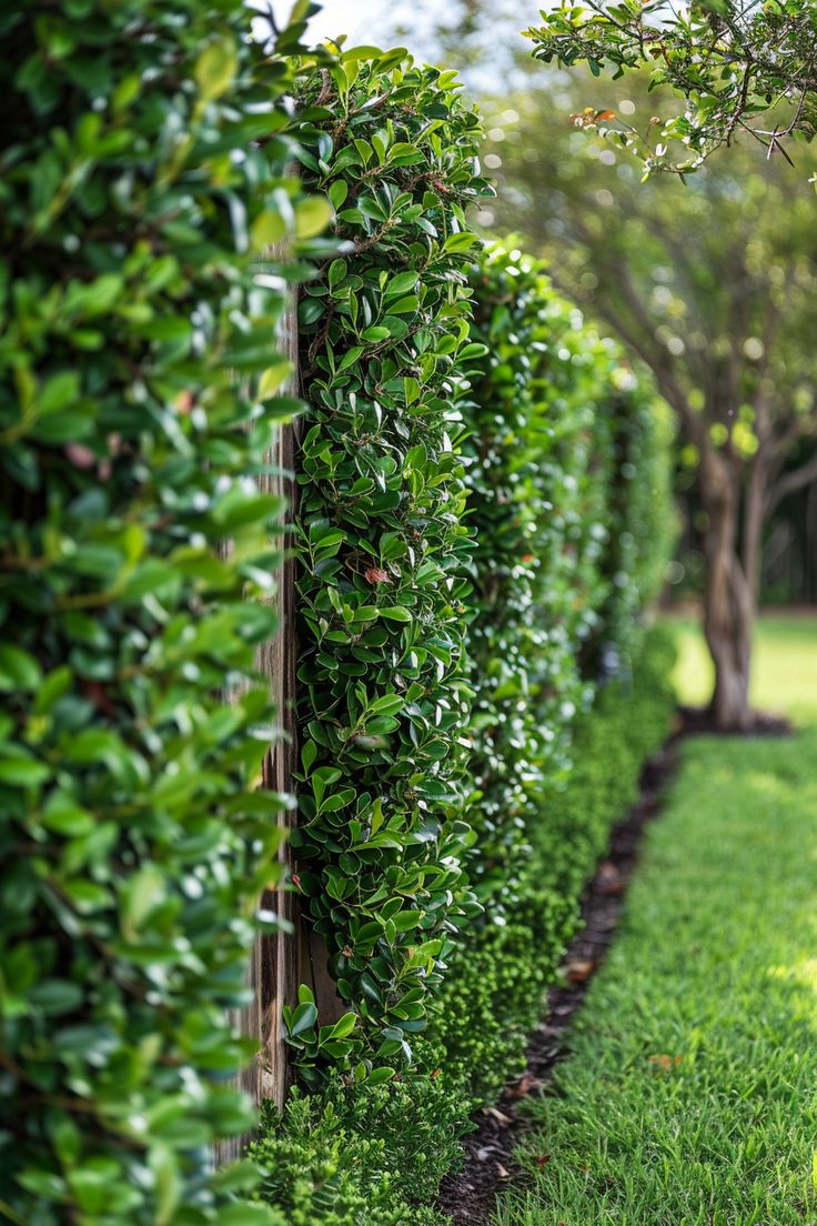 a long row of green bushes next to each other