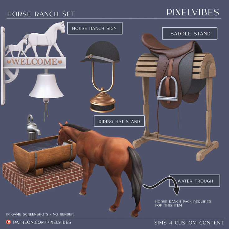 the horse ranch set is shown with all its accessories and equipment including a saddle, bridle, reins, lamp, table stand