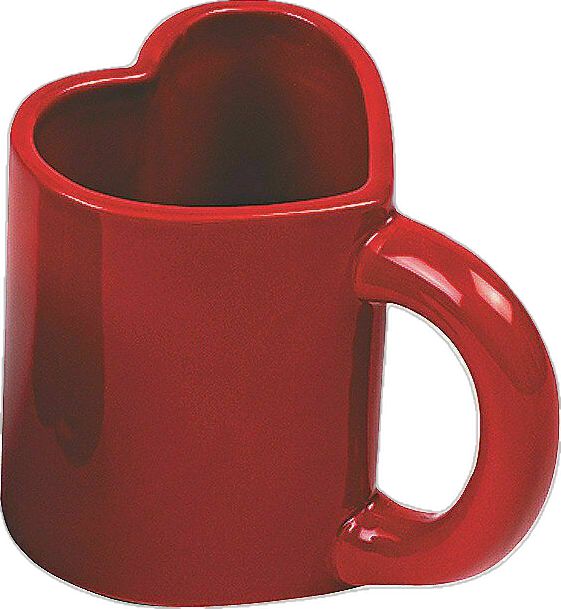 a red coffee mug with a heart shaped handle