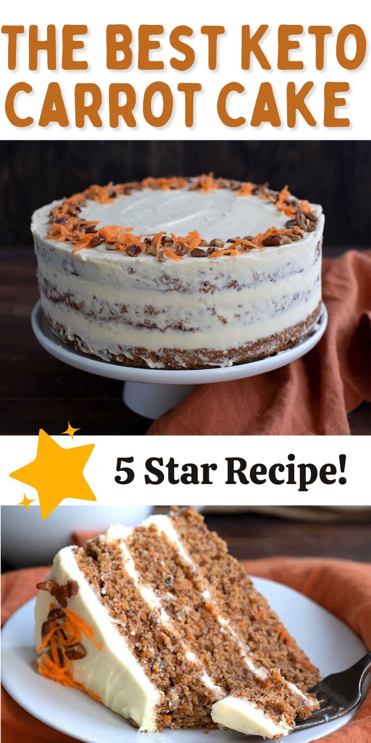 the best keto carrot cake recipe with 5 star recipes on top and an orange napkin