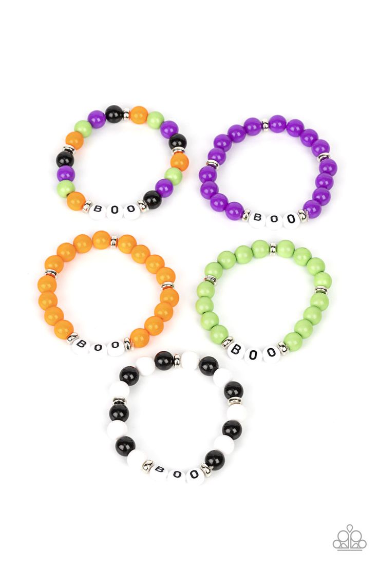 four different bracelets with beads and letters on them, one is black, the other has