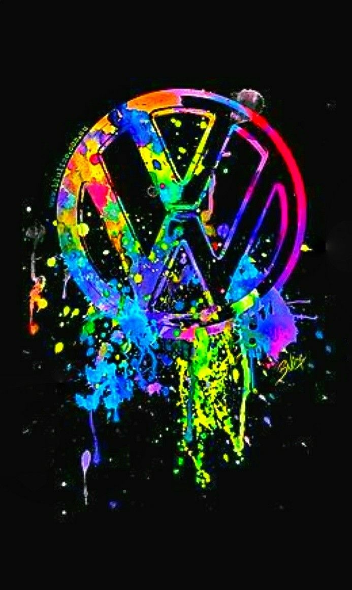 the word vw is painted in multicolors on a black background with paint splatters