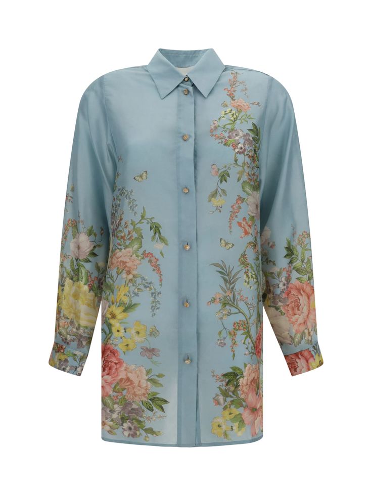 100% Silk Silk Shirt With Floral Print And Spread Collar, Silk Top With Floral Print And Spread Collar, Designer Floral Print Shirt For Spring, Luxury Long Sleeve Tops With Floral Print, Luxury Long Sleeve Floral Print Tops, Luxury Silk Shirt With Floral Print, Silk Floral Print Shirt For Spring, Spring Designer Tops With Spread Collar, Designer Button-up Tops For Spring