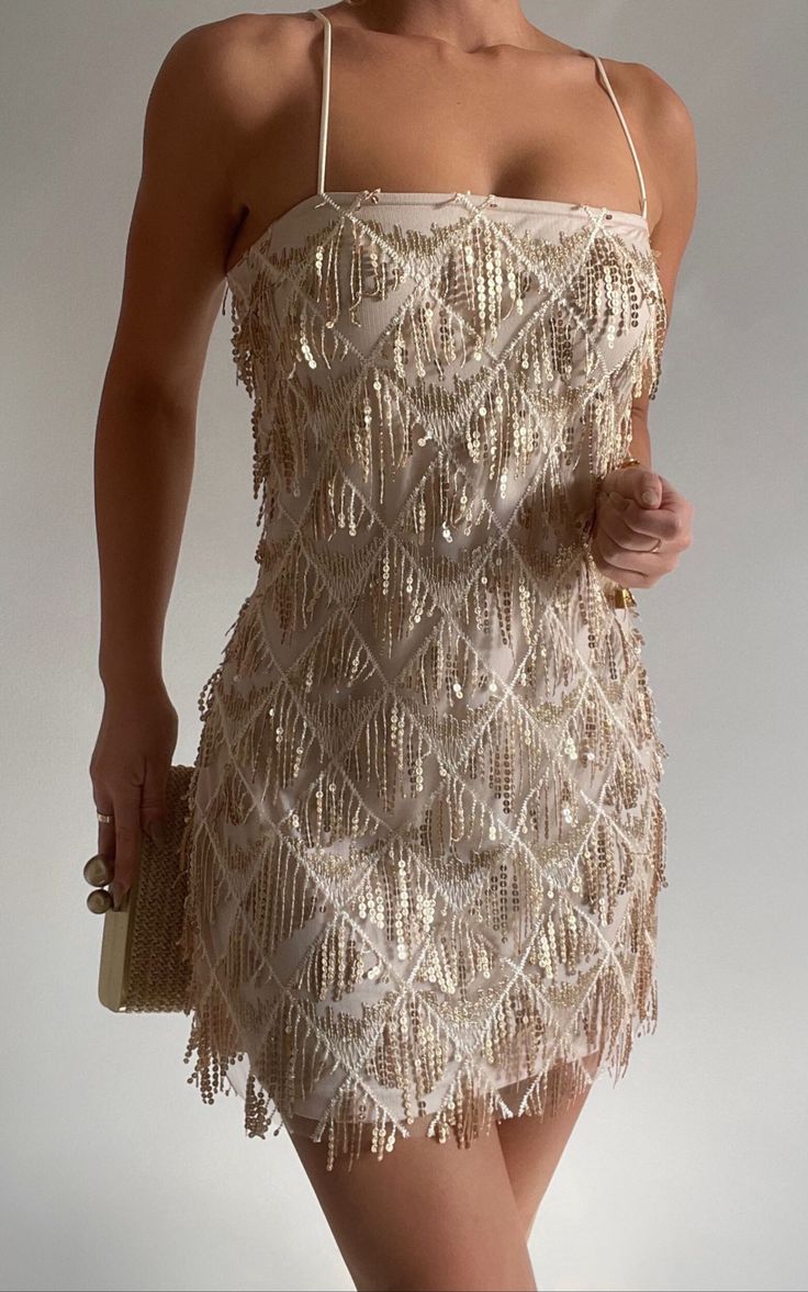 Shook Mini Dress In Champagne Sequin | Showpo USA Hoco Dresses Roaring 20s, Roaring 20s Homecoming Dress, Elegant Hoco Dresses, Champagne Hoco Dress, Fall Homecoming Dresses, Fringe Dress Outfit, Derby Dresses, Flapper Inspired Dress, Sequin Fringe Dress