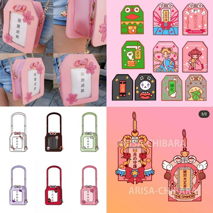 several different images of luggage tags with cartoon characters on them and an image of a woman holding