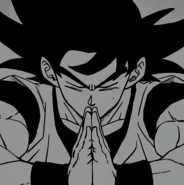 an image of the face of gohan in black and white with his hands together