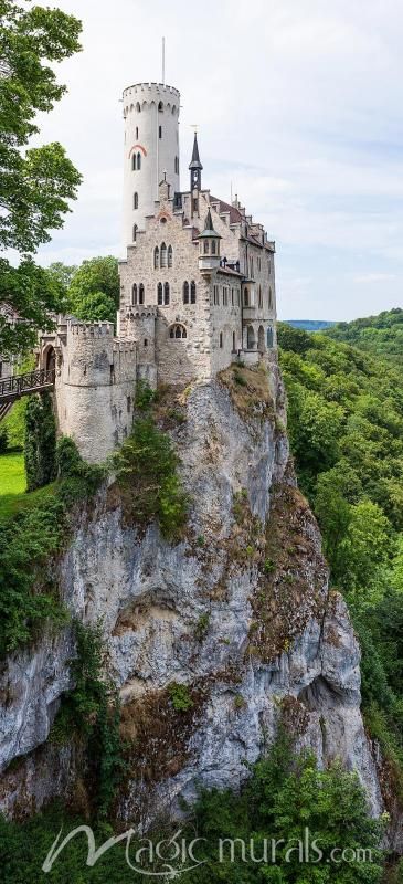 an old castle sitting on top of a cliff in the middle of a green forest