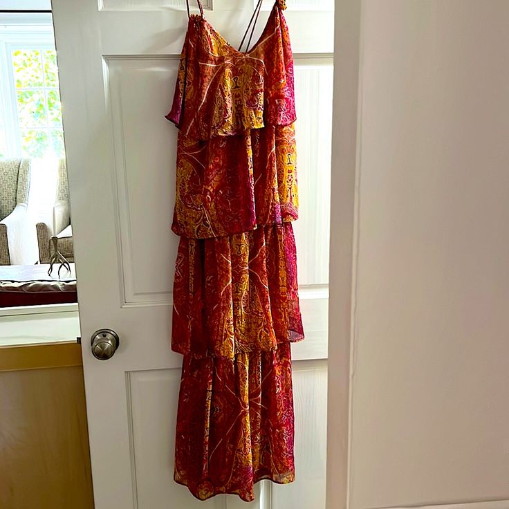 Beautiful Flowing, Tiered Dress With Spaghetti Straps. Fully Lined. Red Tiered Maxi Dress For Vacation, Red Tiered Midi Dress For Vacation, Red Tiered Sundress Maxi Dress, Red Flowy Tiered Midi Dress, Flowy Red Tiered Midi Dress, Summer Tiered Red Dresses, Red Spaghetti Strap Dress For Casual Occasions, Red Maxi Dress With Ruffles And Spaghetti Straps, Zara Red Sundress Maxi Dress