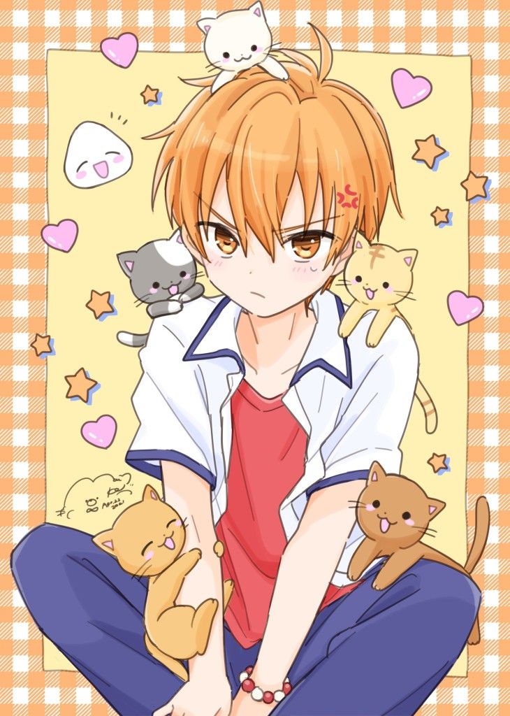 an anime character sitting on the ground with cats and kittens around him, in front of