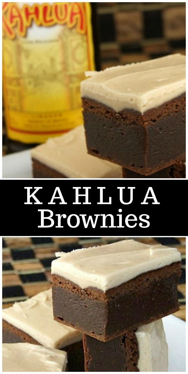 three pictures of brownies with frosting on top and in the middle one has a bottle of kahlua