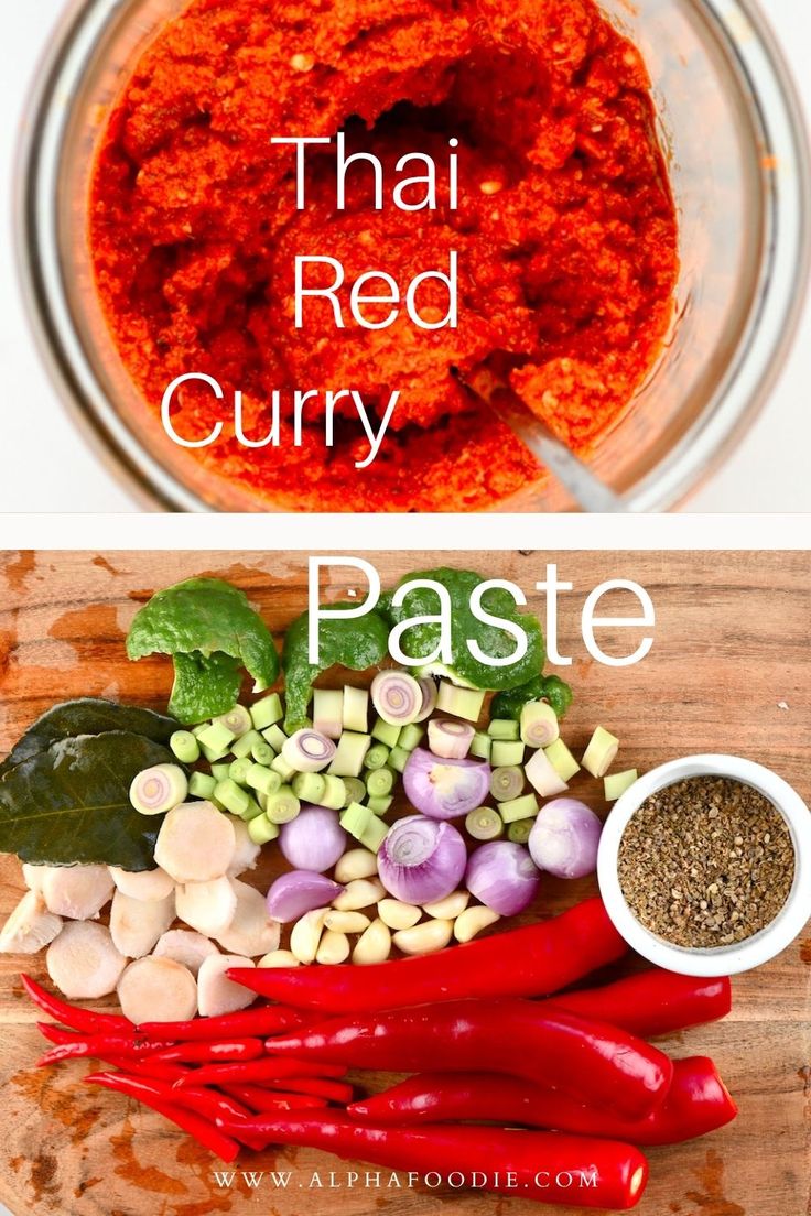 the ingredients to make thai curry in a glass bowl on a wooden cutting board with text overlay that reads, thai curry paste