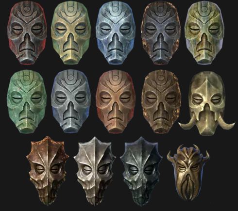 six masks with different facial shapes and colors