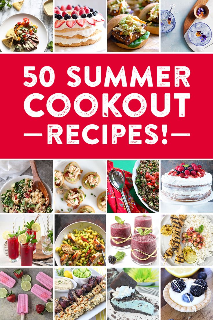 the cover of 50 summer cookout recipes, with pictures of different foods and desserts