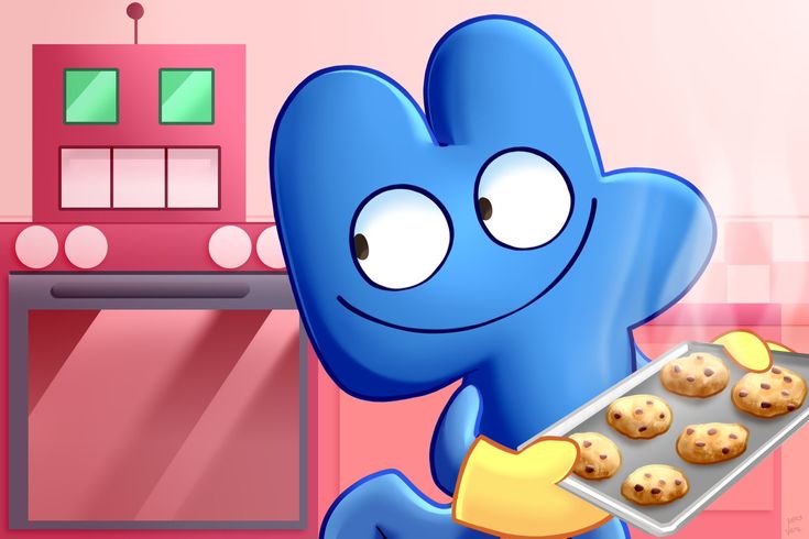 a blue cartoon character holding a tray of cookies