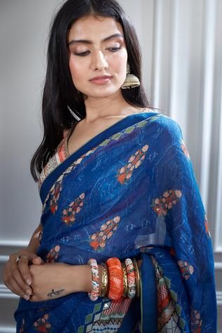 Shop for Mandira Wirk Blue Chanderi Printed Saree With Blouse for Women Online at Aza Fashions Blue Saree, Printed Saree, Blue Back, Blouse For Women, Saree With Blouse, Blouse Online, Printed Sarees, Indian Design, Ethnic Wear