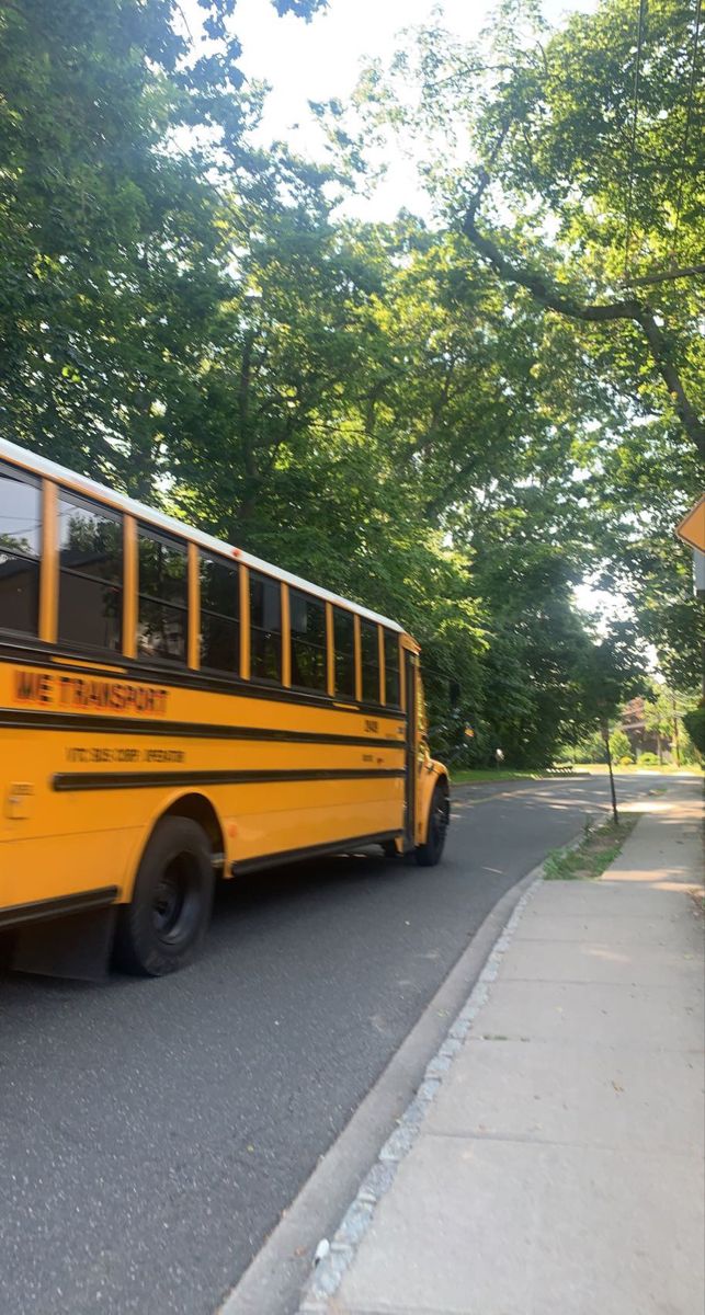 a yellow school bus driving down a street next to a tree lined sidewalk and building