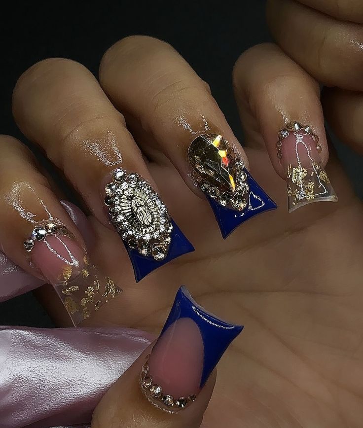 Blue And Gold Nails Short, Royal Blue And Gold Nails, Gold Nails Short, Blue And Gold Nails, Pink Ombre Nails, Hard Nails, Duck Nails, Cute Acrylic Nail Designs, Dope Nail Designs