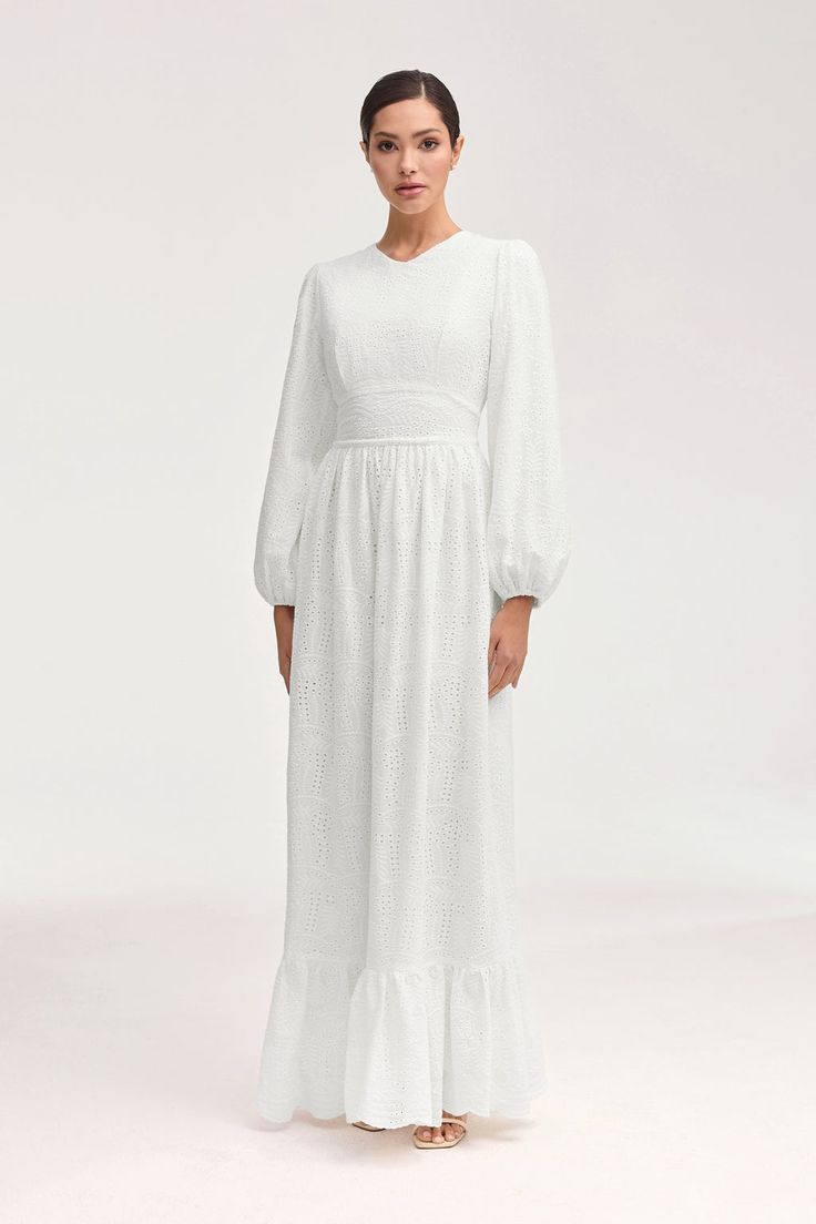 Luciana White Eyelet Maxi Dress Celtic Dress, White Dress Formal, Eyelet Maxi Dress, Temple Dress, Dresses Flowy, Nikkah Dress, Eyelet Fabric, Dresses Xxl, Engagement Dresses