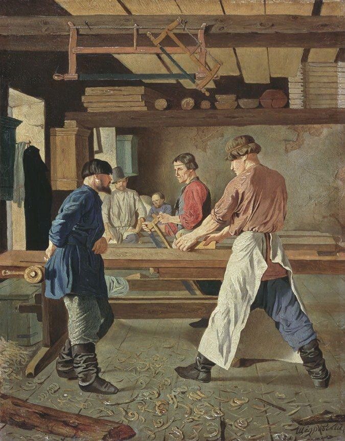 a painting of men working on a table in a workshop with other people around it