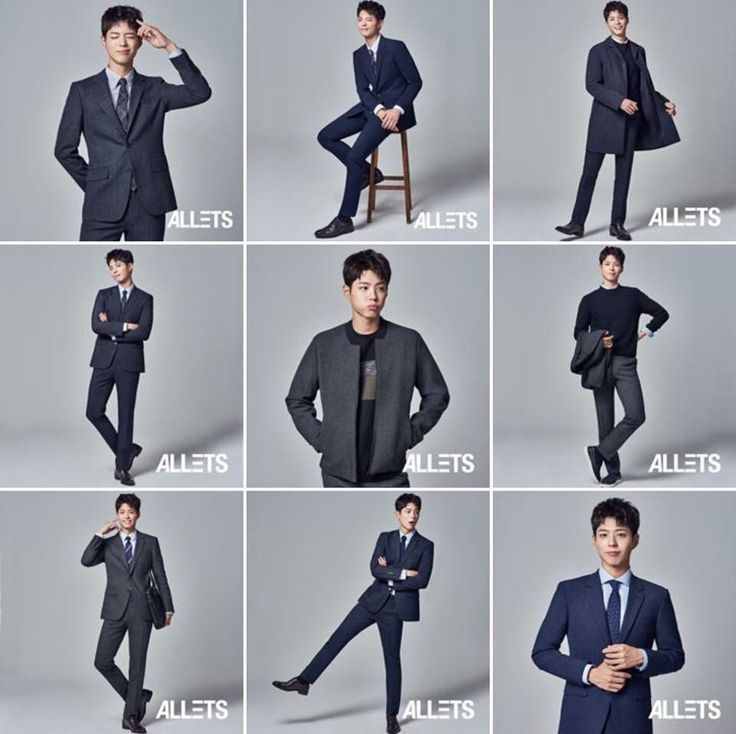 a collage of men in suits and ties posing for the same photo, with different poses