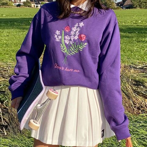 ♡Color:+purple; ♡Style:+embroidery;+ ♡Size:+ Size+S: Length:+64cm+/+25.2in; Bust:+110cm+/+43.3in; Shoulder:+51cm+/+20.1in; Sleeve:+54cm+/+21.3in; Size+M: Length:+65cm+/+25.6in; Bust:+114cm+/+44.9in; Shoulder:+52cm+/+20.5in; Sleeve:+55cm+/+21.7in; Size+L: Length:+66cm+/+26in; Bu... Mode Indie, Tennis Skirt Outfit, Indie Style, Rock Outfit, Purple Outfits, 90s Outfit, Indie Outfits, White Skirt, Indie Fashion