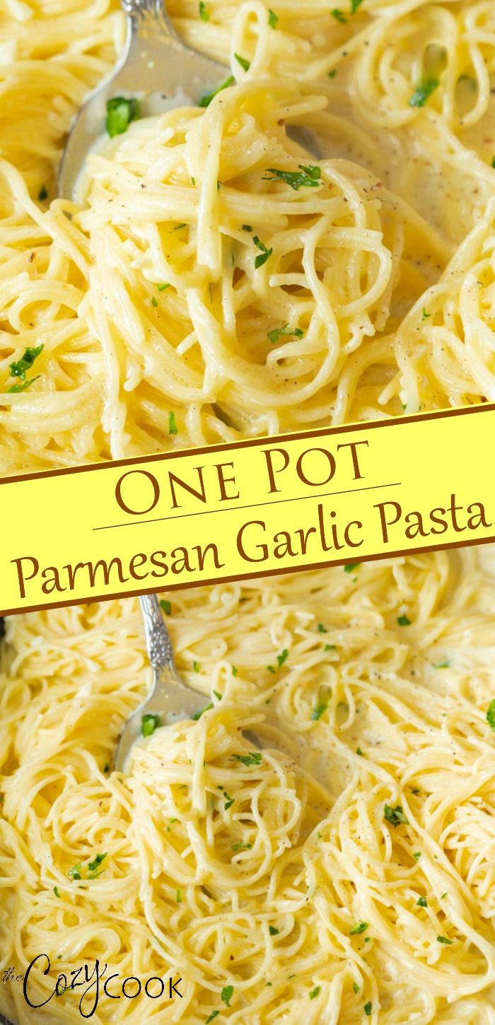 one pot parmesan garlic pasta in a skillet with a yellow label over the top