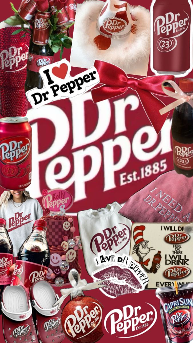 a collage of red and white items with the words dr pepper on them