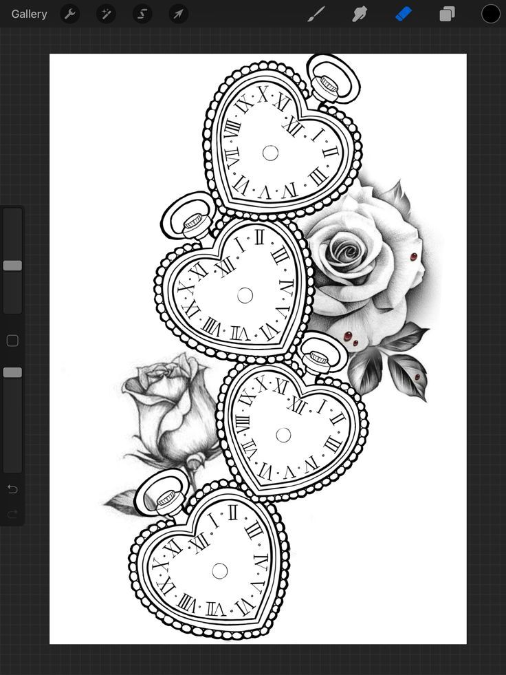 a tattoo design with roses and clocks on it