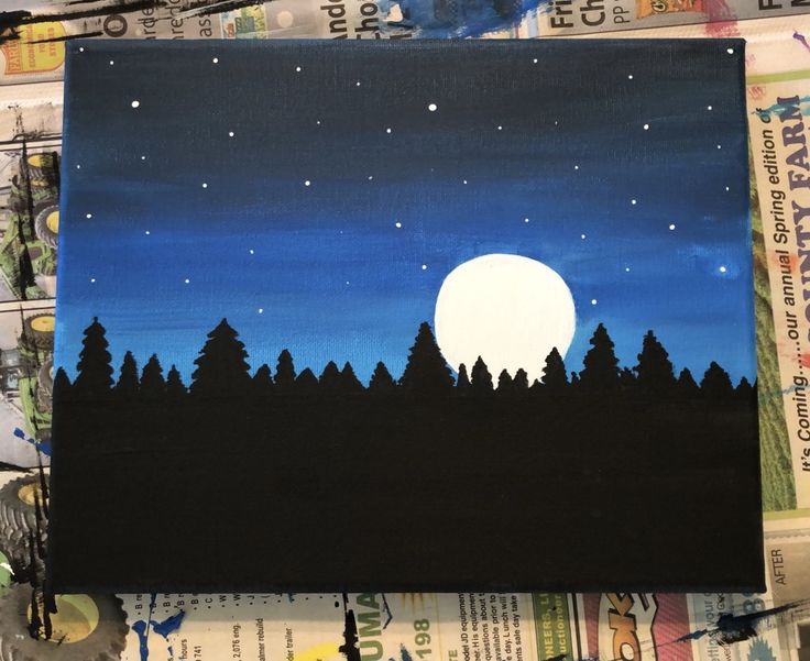 an acrylic painting of a night scene with trees and the moon in the sky