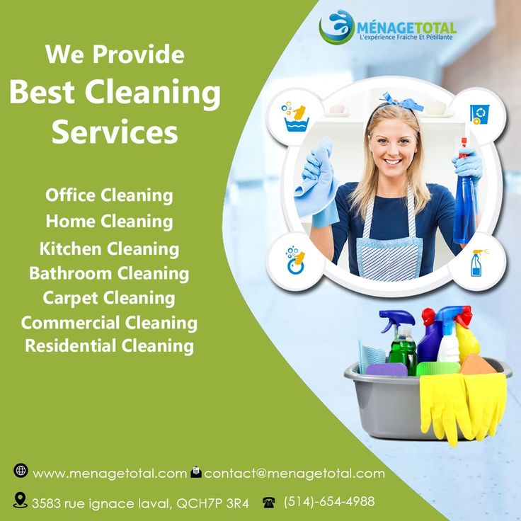 an advertisement for cleaning services with a woman in the background