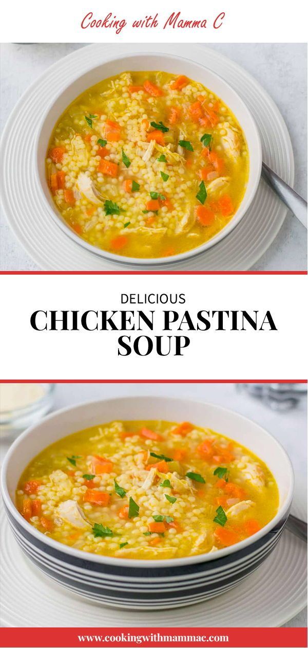 chicken pasta soup in a white bowl on top of a plate with the title delicious chicken pasta