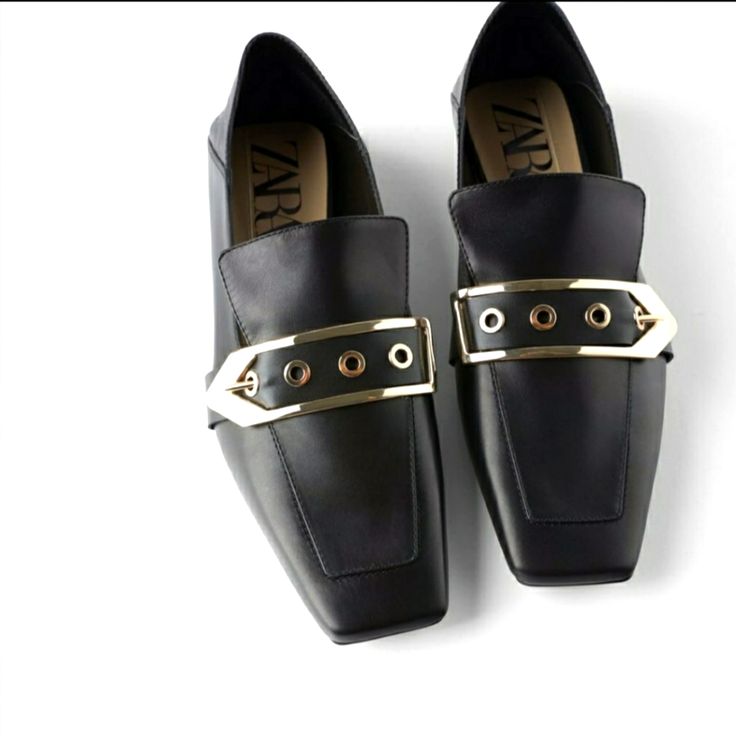 Black Leather Loafers . Leather Upper . Maxi Buckle Detail With Gold Metal Loops At Instep . High Vamp This Shoes Run Half A Size Big Elegant Black Flats With Buckle Closure, Elegant Black Loafers With Buckle Closure, Elegant Zara Loafers For Business, Elegant Business Loafers By Zara, Zara Elegant Loafers With Round Toe, Zara Leather Loafers For Work, Chic Zara Loafers With Flat Heel, Zara Leather Loafers For Office, Zara Leather Formal Loafers