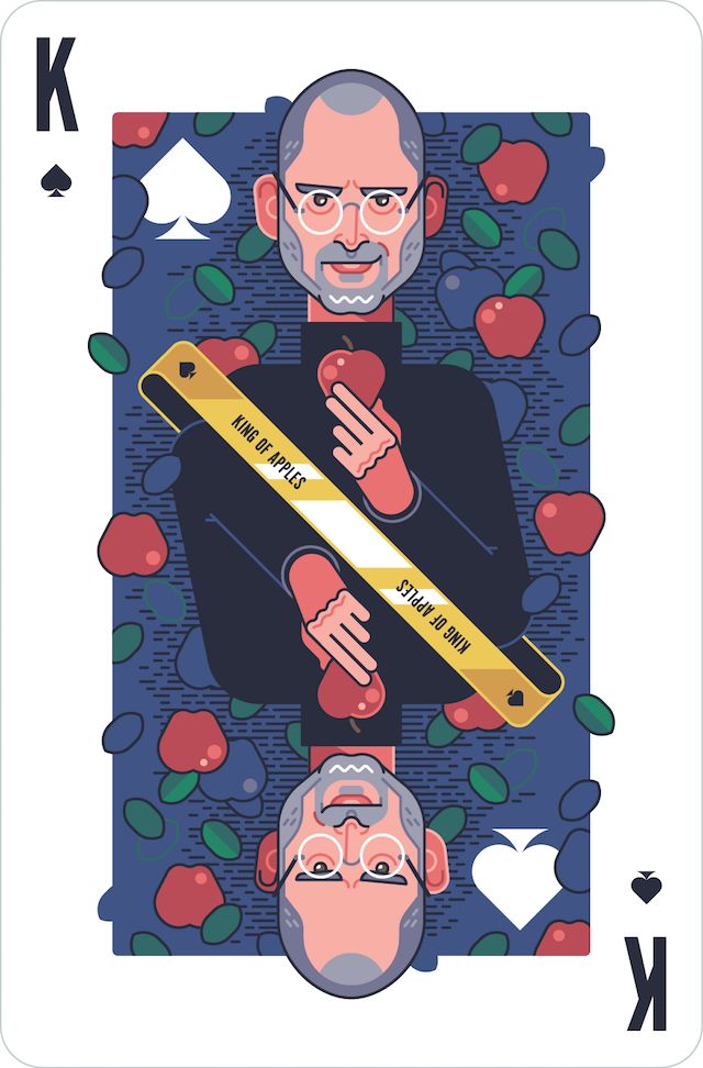 an image of a man playing cards with apples on the back and one in front