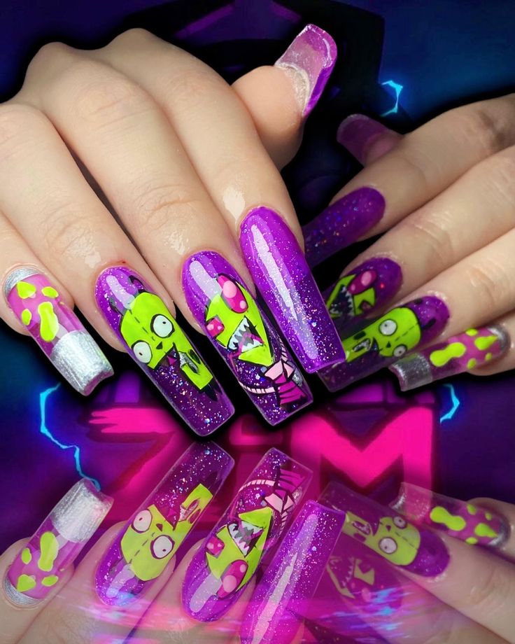 Awesome Nail Designs Creative, Invader Zim Nail Art, Gravity Falls Nail Art, Regular Show Nails, Cartoon Characters Nails, Emo Gel Nails, Killer Klowns From Outer Space Nails, Goosebumps Nails, Vaporwave Nails