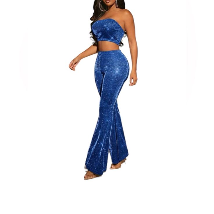 Material & Details Bottom Type: : Tops Composition: Fit Type: Pants Bandeau 77% Polyester,23% Metallized Fibres Regular Fit Blue Sequined Bottoms For Party Season, Blue Bottoms For Evening Party Season, Blue Sequined Wide Leg Bottoms, Blue Bottoms For Evening And Party Season, Blue Evening Bottoms For Party Season, High Waist Blue Evening Pants, Glamorous Blue Bottoms For Night Out, High Waist Glitter Pants For Night Out, Fitted Blue Sequin Bottoms