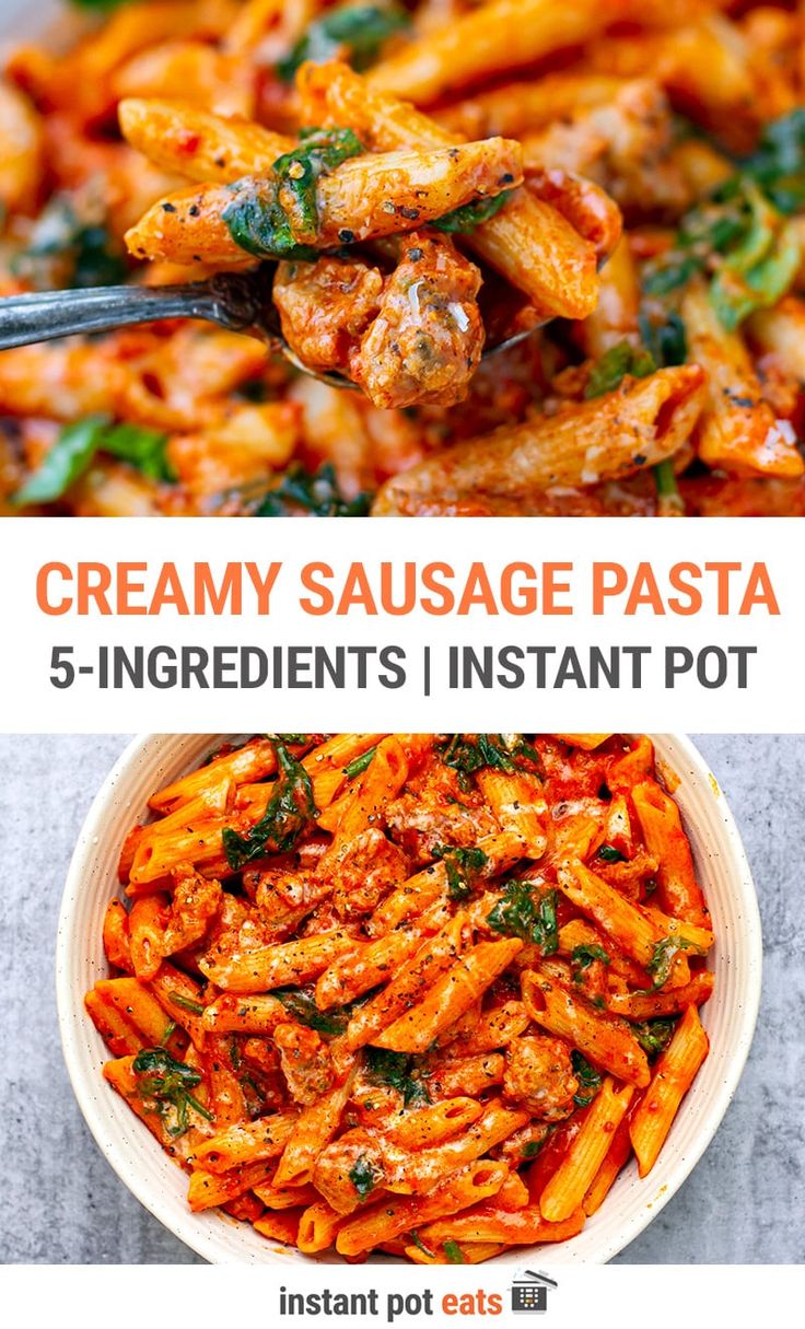 three different images with the words creamy sausage pasta and 5 ingredients instant pot in them