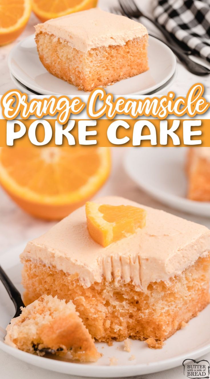 orange creamsice poke cake on a white plate