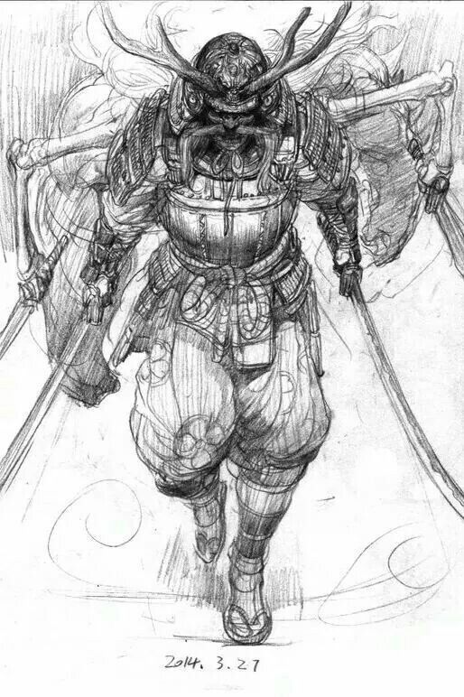 a drawing of a man with two swords in one hand and a helmet on the other