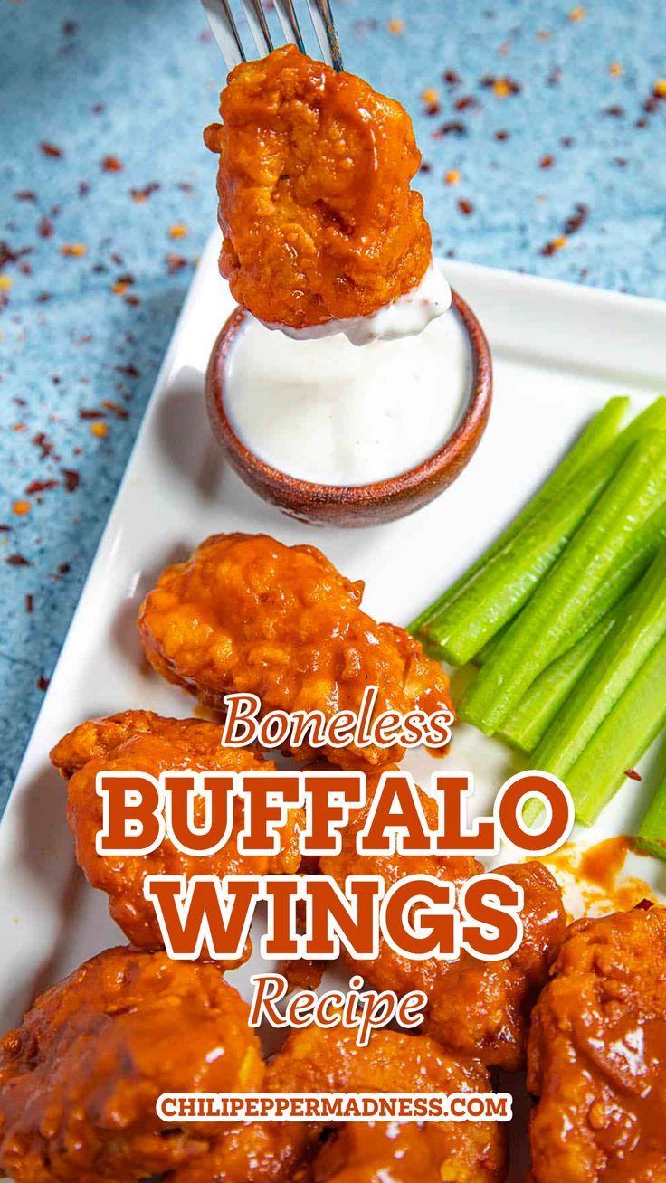 Dipping one of the Boneless Buffalo Wings into the favorite sauce. Texas Roadhouse Boneless Buffalo Wings, Chilis Boneless Buffalo Wings, Applebees Boneless Buffalo Wings, Classic Buffalo Wings, Hooters Boneless Wings Recipe, Buffalo Chicken Boneless Wings, Fried Buffalo Chicken, Best Boneless Wings, Copycat Buffalo Wild Wings Boneless